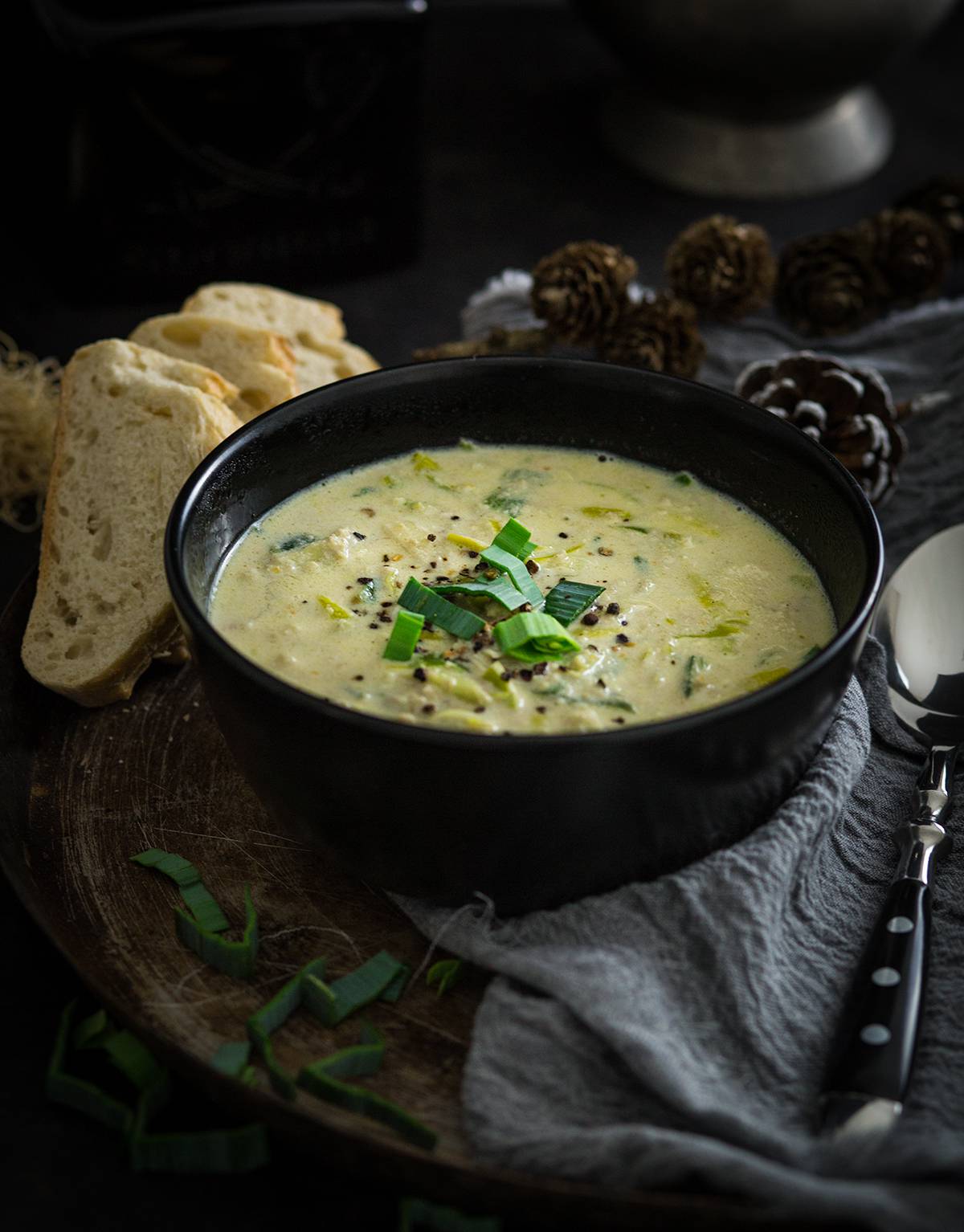 Käse-Lauch-Suppe mit Hackfleisch in dunkler Schüssel